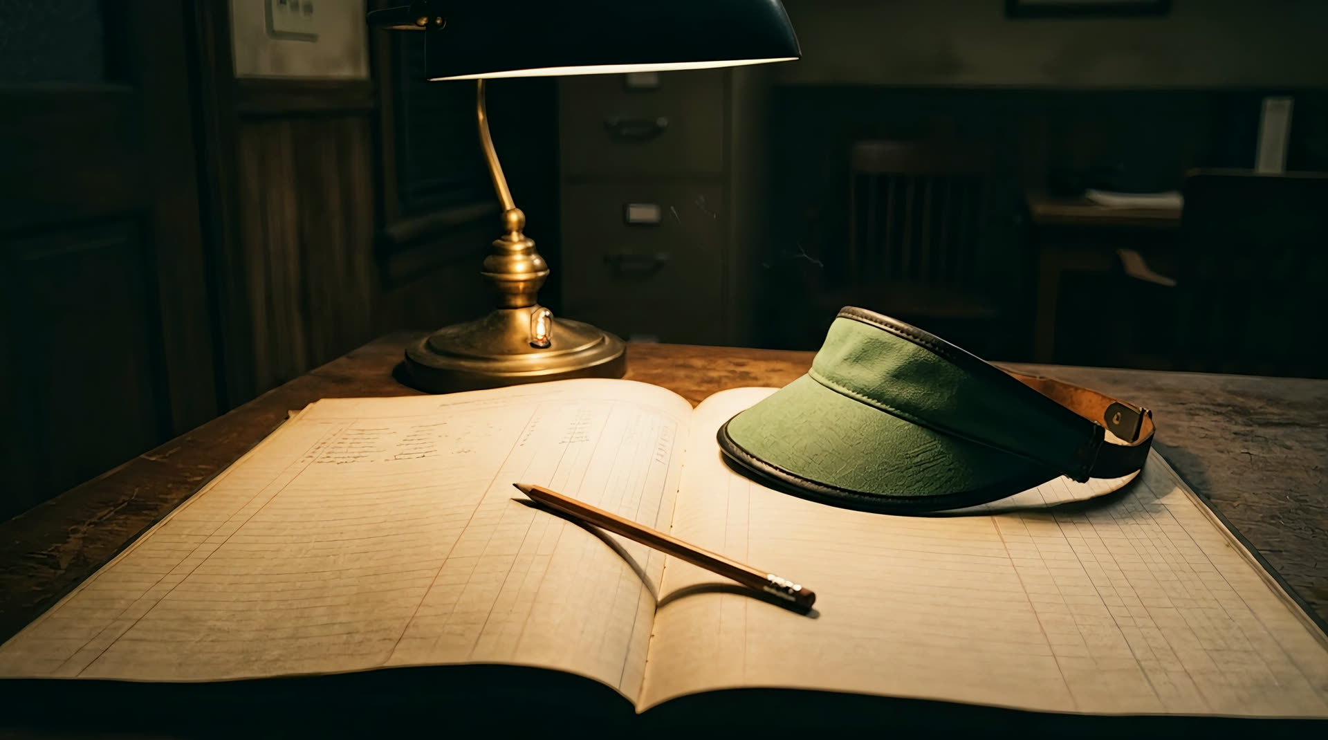 A scout checking the figures on a ledger under a desk lamp